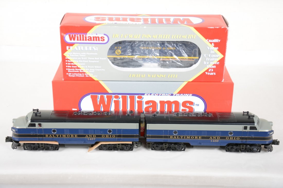 Williams B&O F7s and C&O Switcher: Includes an F7102 B&O F7 AA diesels with dual motors, Mars light, TrueBlast II horn & bell; NW102 C&O NW2 diesel with bell. They have been test run with boxes, C9