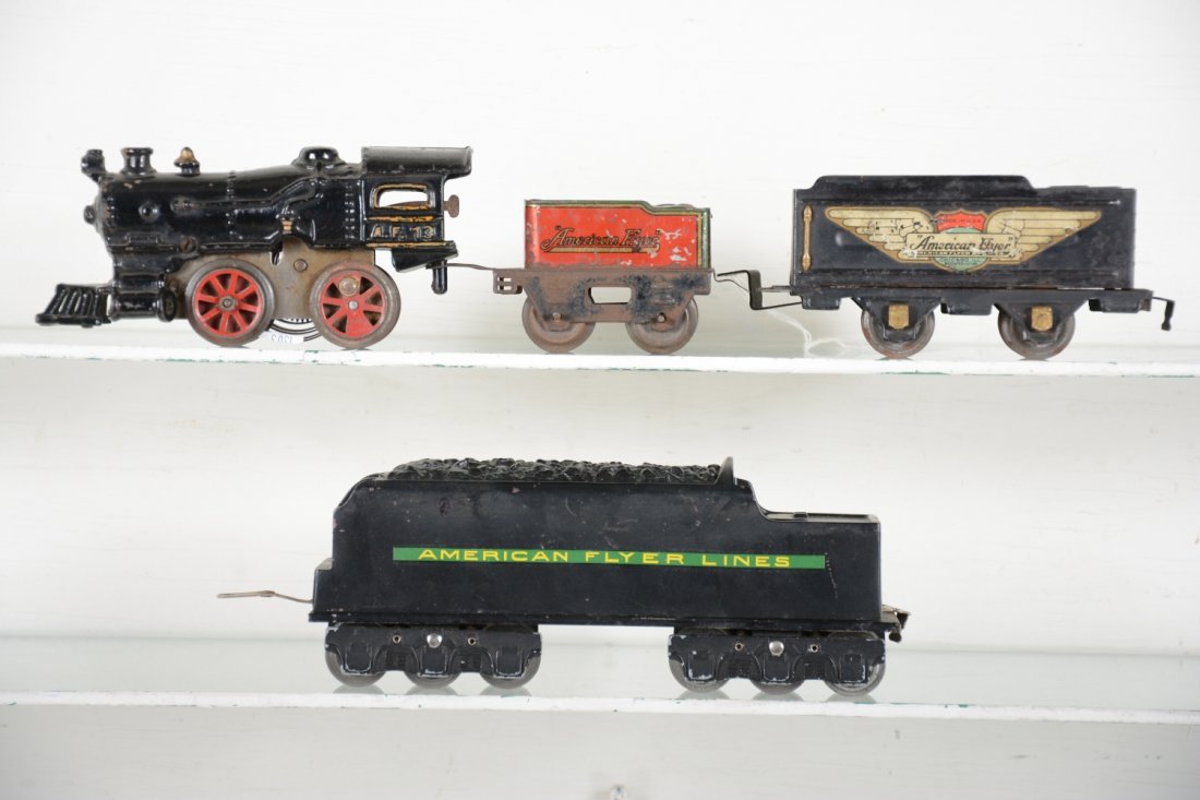 American Flyer Prewar Group: Includes a 13 steam loco, mechanism is functional; 119 tender, C5; 1623 diecast tender with nice decals, C7; 3189 4-wheel tender with winged AF decals, C6