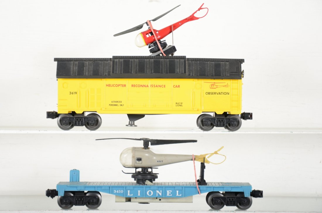 Clean Lionel 3619 & 3410 Helicopter Launchers: Includes a 3619 Recon car, original copter, missing inner rear tail blade; 3410 teal blue flat with Navy copter. Otherwise shows light playwear, C7+-8