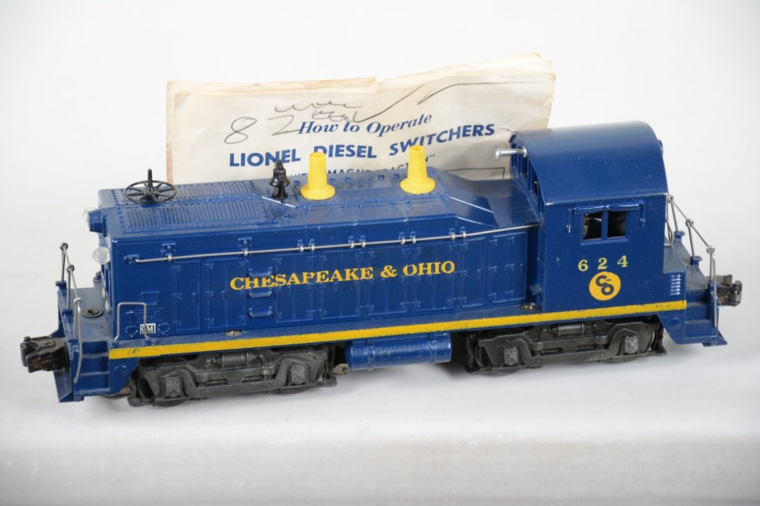 Very Clean Lionel 624 C&O NW2 Diesel: Beautiful example with nearly 100% decals intact. Graphics are strong and it is unusually clean with great roof. It has a small nick on roof edge above cab windows 1 side, but doesn't take away in our