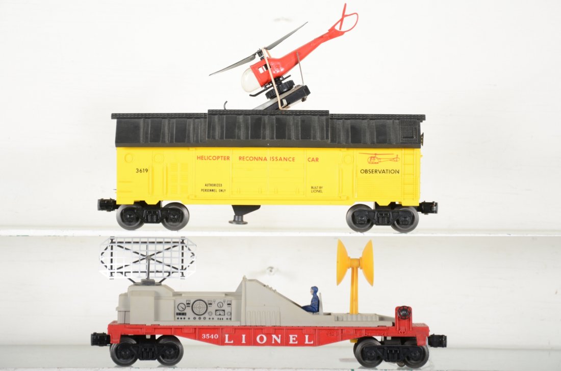 Nice Lionel 3619 & 3450 Space Cars: Includes a 3619 Recon car, early copter, no name on tail; 3450 radar car, intact and clean. They show light runtime, C8-8+