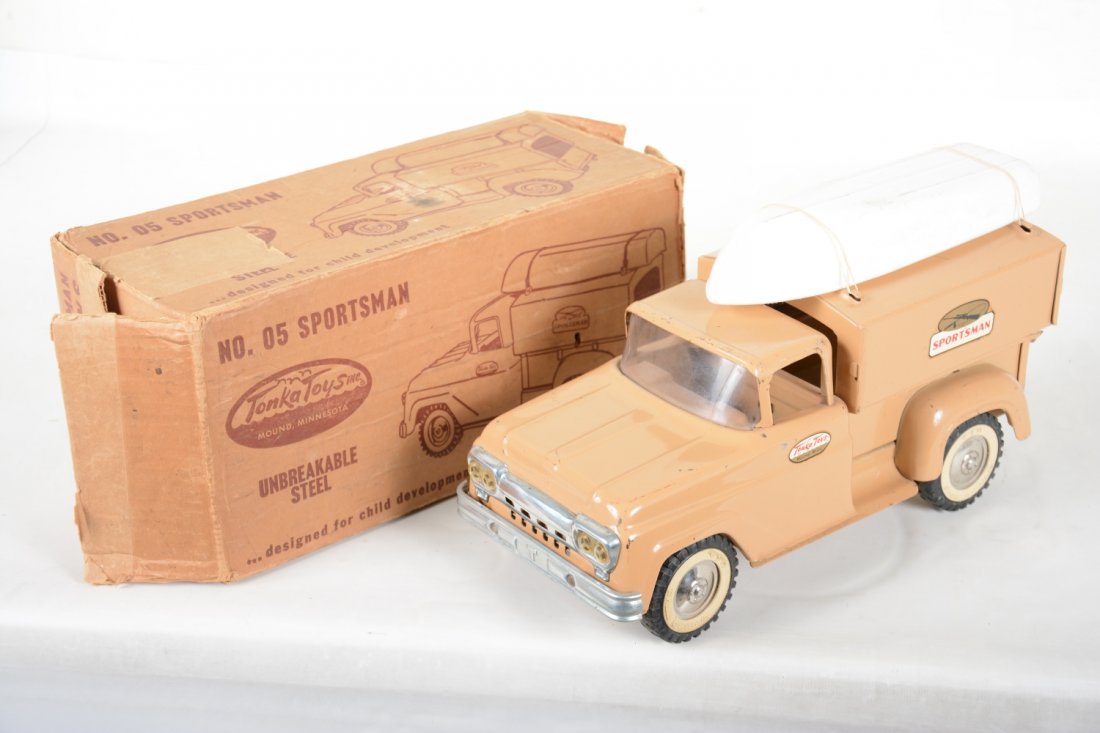 Boxed Tonka 5 Sportsman: Circa 1962. Clean & shiny with its original boat and nice decals. It shows light to moderate playwear, missing boat straps, with scarce original box, C7+