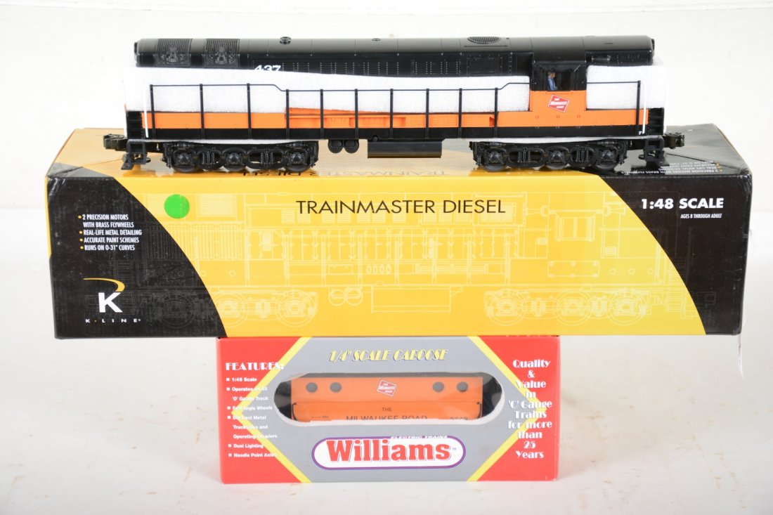 K-Line k2443-0437HS MR FM & Caboose: Nice dual motor flywheel drive diesel with smoke, directional lighting, operating fans and horn; Plus a Williams MR 5649 caboose. They are new in boxes, C10