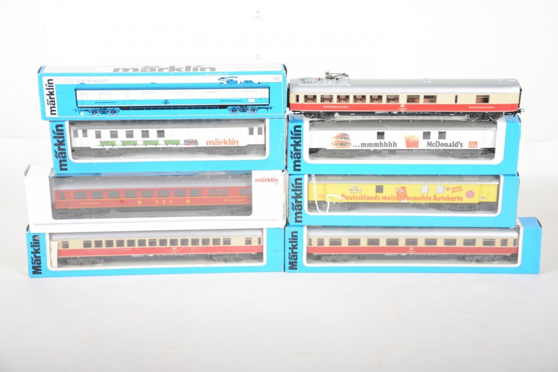 Assorted Marklin HO Passenger Cars: Includes TEE- 4095, 4096 & 4153; Promo cars 4121, 84121 & 41222; 43242 DB diner. All appear new in boxes, C9+-10