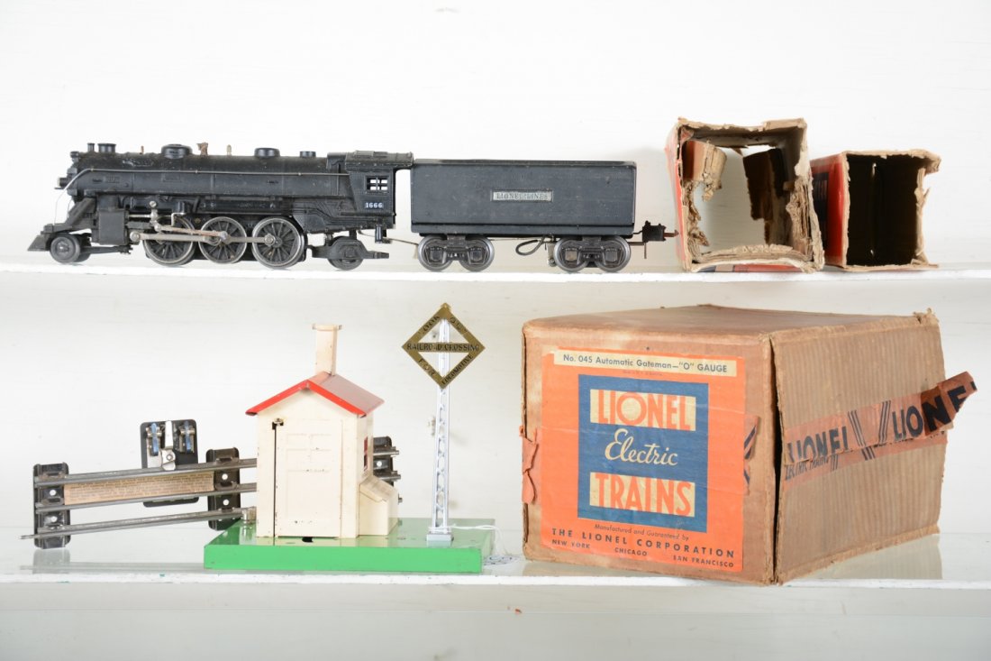 Boxed Early 045 & Late 1666: Includes a clean early 045 gateman, 1st version with open late upright and still retains it's activator track, nice ob, shiny C7; 1666 steam loco with 2689W tender with high box couplers. They would b