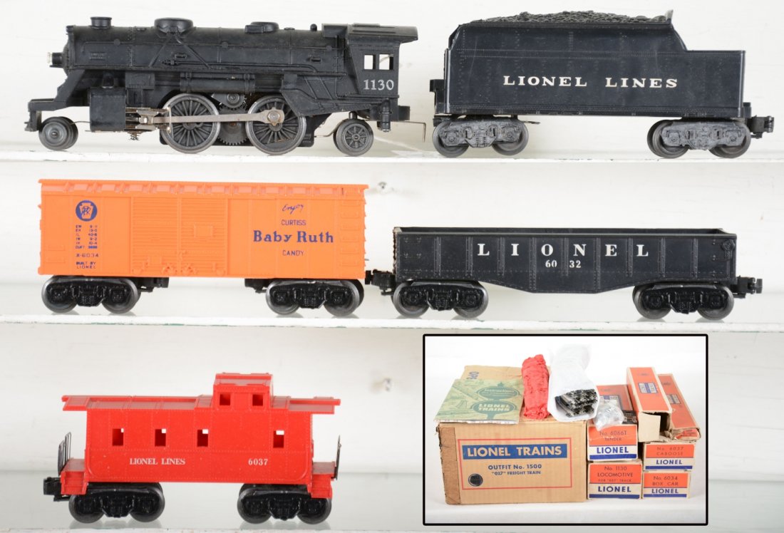 Boxed 1951 Lionel Set 1500: Includes an 1130 steam loco; 6066T tender; 6032 gondola; 6034 boxcar; 6037 caboose, all like new with boxes and some peripherals with clean setbox, C8