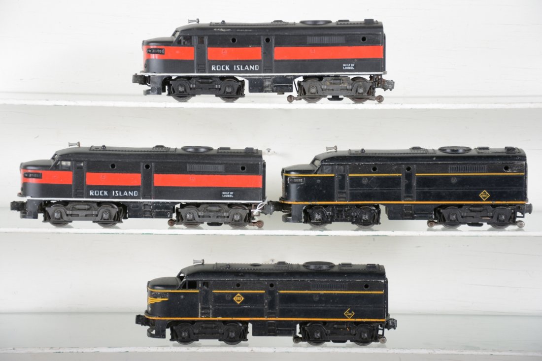 Lionel 2031 & 2032 Alco Diesels: Includes a 2032 RI AA Diesels, some battery damage with some effect to shell as photoed, C5; 2031 Erie AA diesels that are intact with clean battery box, just some decal issues as photoed, C6
