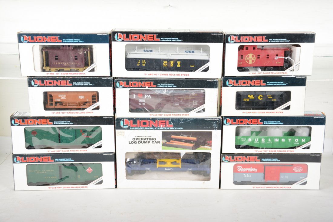 Lionel Freight Cars: Includes 16342 coil car; 16237 boxcar; 19233 boxcar; 16611 log dump; 19307, 19305, 6430 & ore cars, PRR bobber caboose; 19906 boxcar; 16236 boxcar; 9140 gondola. About half show light runtime with C9