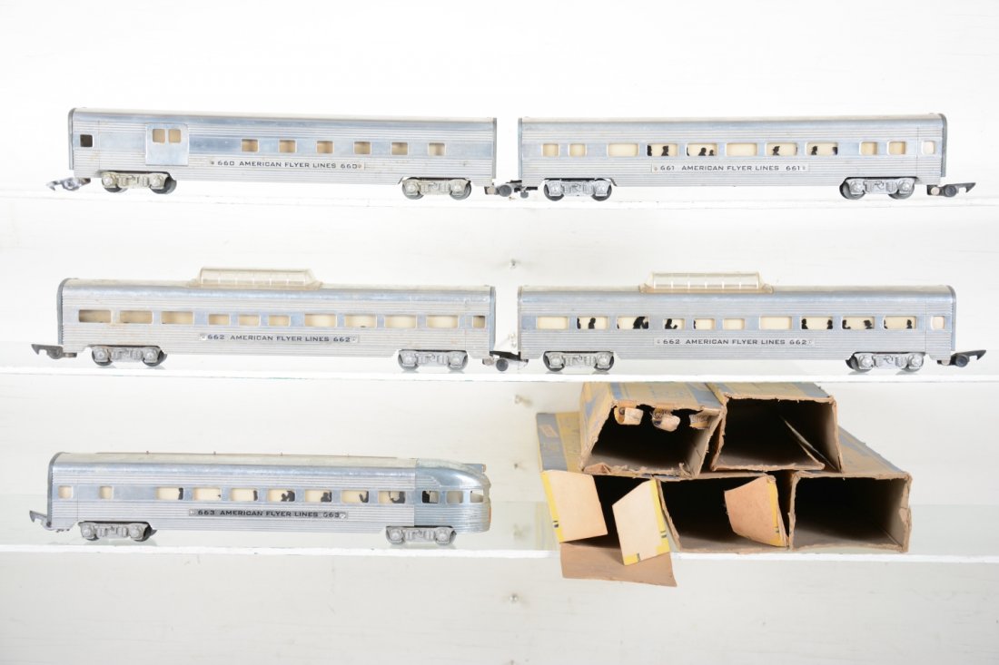 Boxed American Flyer 660 Aluminum Passenger Cars: S Gauge. Includes a 660 combine; scarce 661 coach; 2 #662 vista-domes; 663 observation, all would benefit from a light cleaning with worn & incomplete boxes, C6+-7