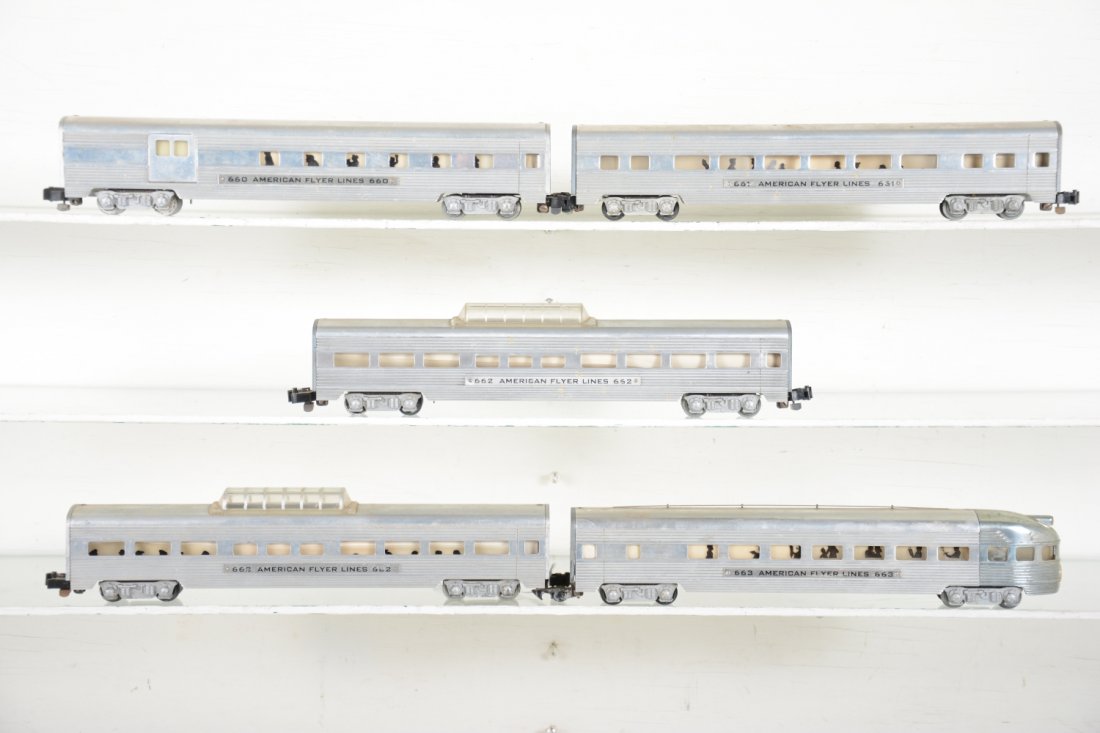 American Flyer 660 Aluminum Passenger Cars: S Gauge. Includes a 660 combine; scarce 661 coach; 2 #662 vista-domes; 663 observation, all would benefit from a light cleaning, C6+-7