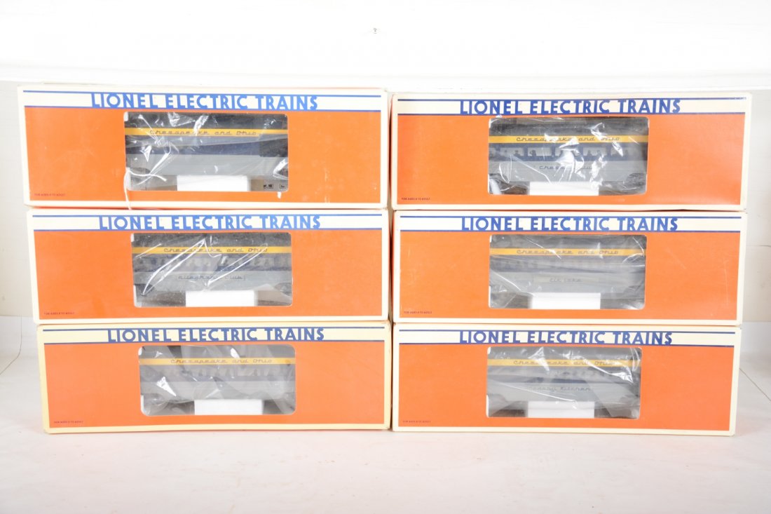 6 Lionel C&O Aluminum Passenger Cars: Includes 19145 combine; 19146 & 7 coaches; 19148 Club car; 19149 diner; 19150 observation. All appear new in slightly worn boxes, C9+