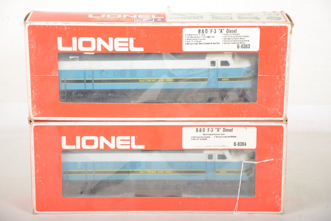 Lionel MPC 8363 & 8364 B&O F3 AA Diesels: 1st reissues of Lionel's iconic diesels. These are unrun with nice boxes, but need a cleaning from sitting on display for years. Should clean to C9