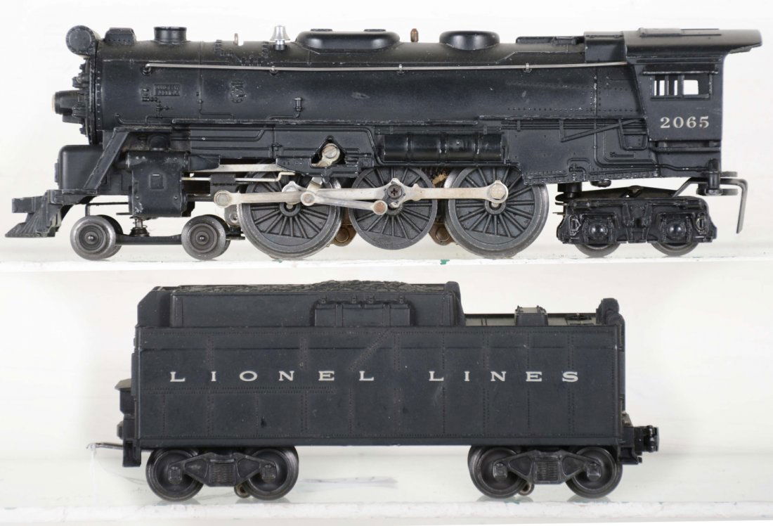 Clean Lionel 2065 Steam Locomotive: Nice mid period version with nice matte patina and fairly clean rods; matching 6026W tender. They show light playwear, C7+