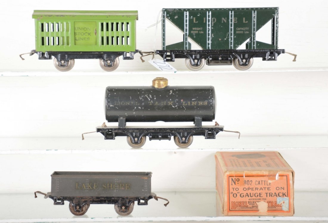 Early Lionel Freight Cars: Includes a boxed 803 Union stock car, C7+; 803 hopper, with number stamped underneath; 902 Lake shore gondola, gray; 804 tank car, darker gray, filler cap loose, but intact. Rest show moderate wear, C