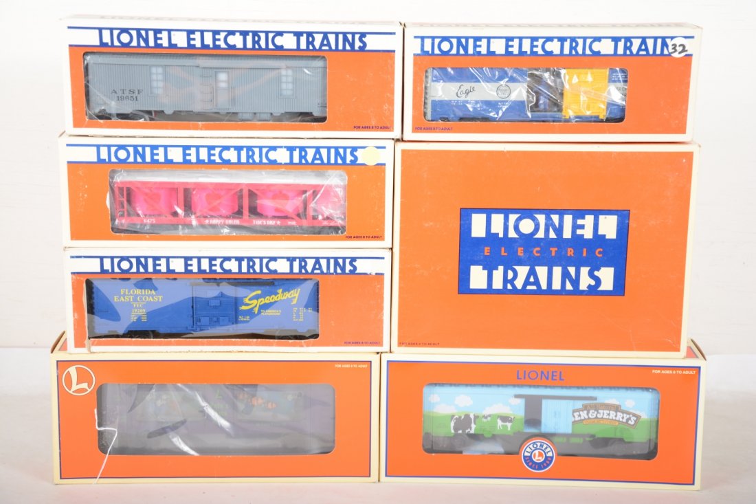 Lionel Freight Cars: Includes 19965 LRRC Aquarium car; 9219 MP oper boxcar; 19815 D&H brakeman car; 19502 CNW reefer; 19651 SF lighted tool car; 52481 Ben & Jerry's reefer; 19480 Valentines car. All appear new in boxes, C
