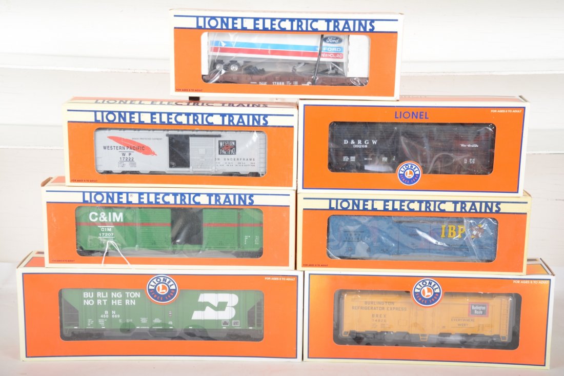 Lionel Standard O Freight Cars: Includes 36736 D&RGW Stock car with Cattle Sounds; 17339 Burlington reefer; 52074 IBP reefer; 17222 WP boxcar; 17191 Burlington PS2 hopper; 17888 Conrail flat with trailer; 17207 C&IM double door boxc