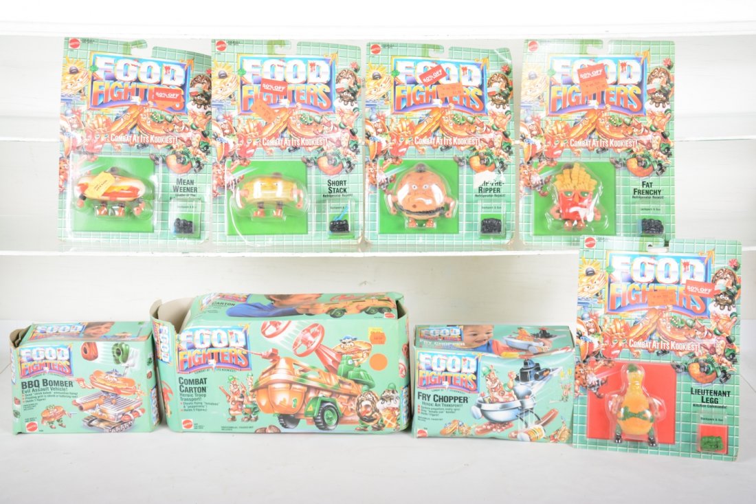 Mattel Food Fighters Action Figures & Vehicles: All 1989 with Short Stack; Mean Wiener; Fat Frenchy; Lieutenant Leg; Chip-The-Ripper(price tag tear near bubble); Combat carton, open, but mint; Frie Chopper, box warped; BBQ bomber, box open, but min