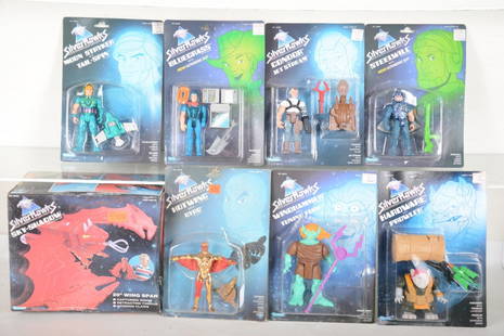 Silver Hawks Action Figures & Vehicle: Kenner. Includes a 1986 Hotwing with Gyro on taped C7+ card; 1987 Steelwill; Hardware & Prowler; Windhammer & Tuning fork; Moon Stryker & Tailspin; Bluegrass with ultrasonic suit; Condor with Jetstrea