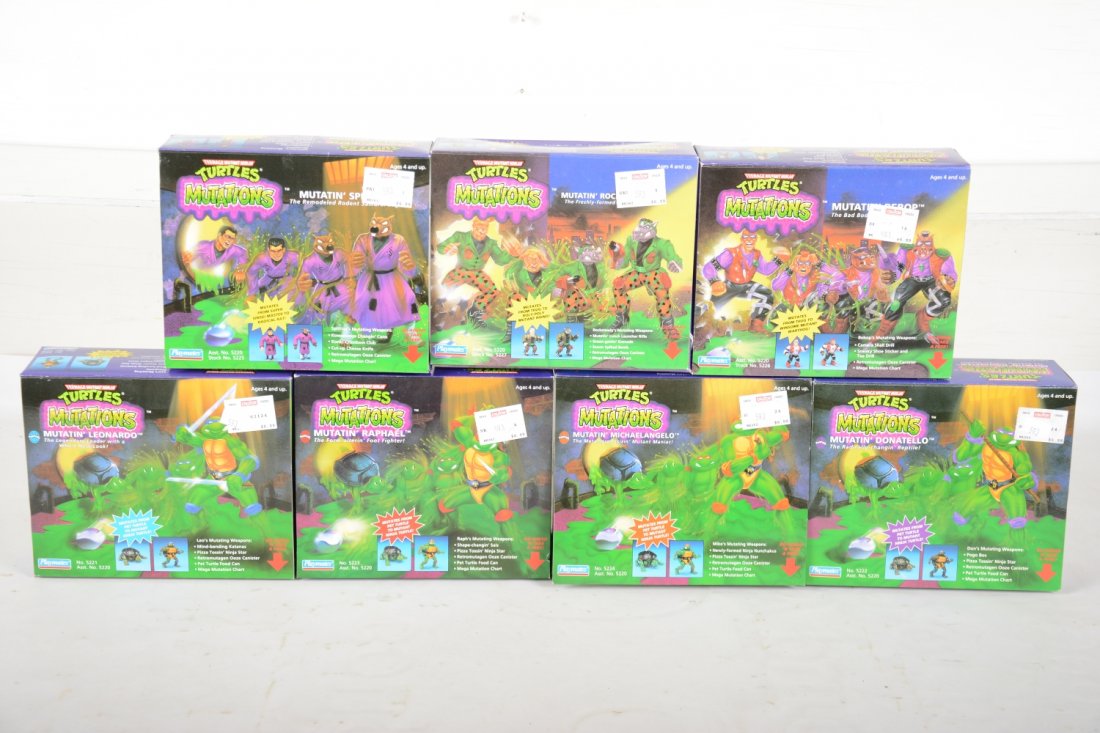 7 Teenage Mutant Ninja Turtles Mutations, 1992: Includes Mutation' Michelangelo; Donatello, Bebop, Rocksteady, Splinter, Raphael & Leonardo, all new in C9+ boxes with price tags, figures C10