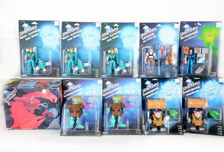 1987 Silver Hawks Action Figures & Vehicle: Includes 3 Moon-Stryker & Tailspin; 2 Windhammer & Tuning fork; Condor; 2 Hardware with prowler; Bluegrass & a Sky-Shadow ship in taped box, cards all clean C8+-9, box C7, figures C10