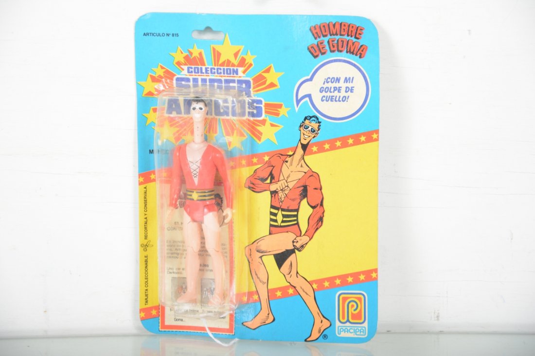 Rare Kenner Brazilian Plasticman Action Figure: 1989 Pacipa issue Super Amigos series. It is sealed on C7 card, wavy front with light crease on rear, punches with clear but slightly dented bubble, figure C10