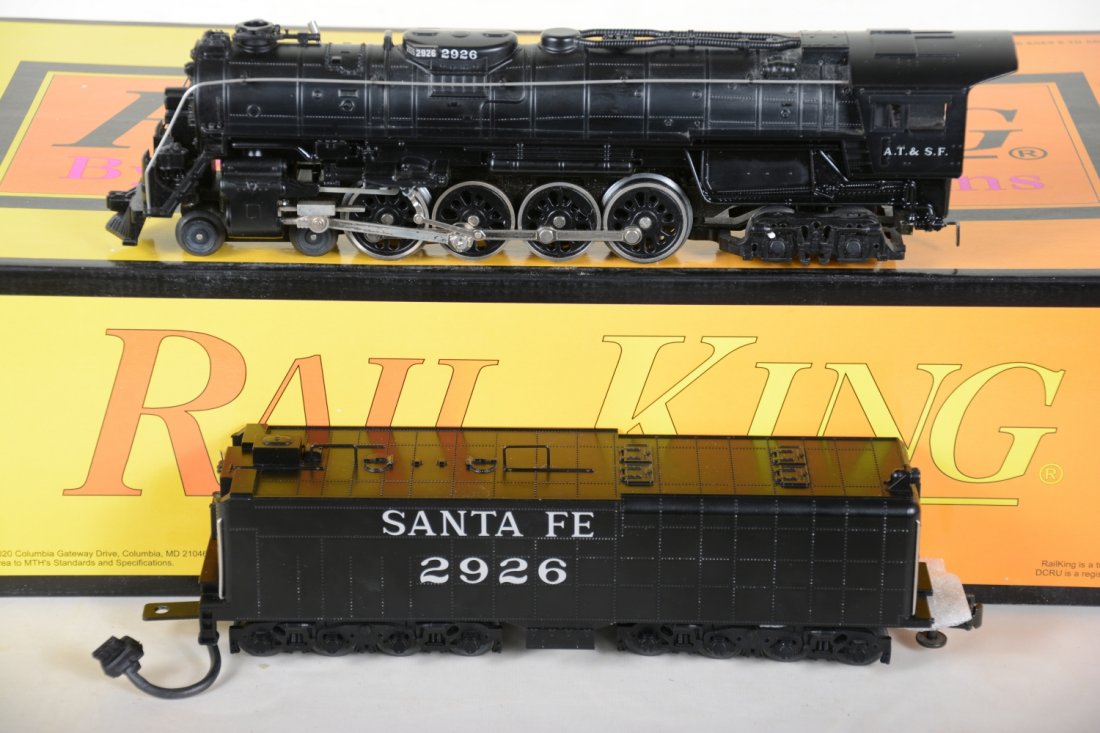 MTH RailKing 30-1140-0 SF Northern: Nice 4-8-4 steam loco with ProtoSmoke, Flywheel drive, whistle not working as wire is off speaker. It shows light to moderate playwear with setbox, C7+