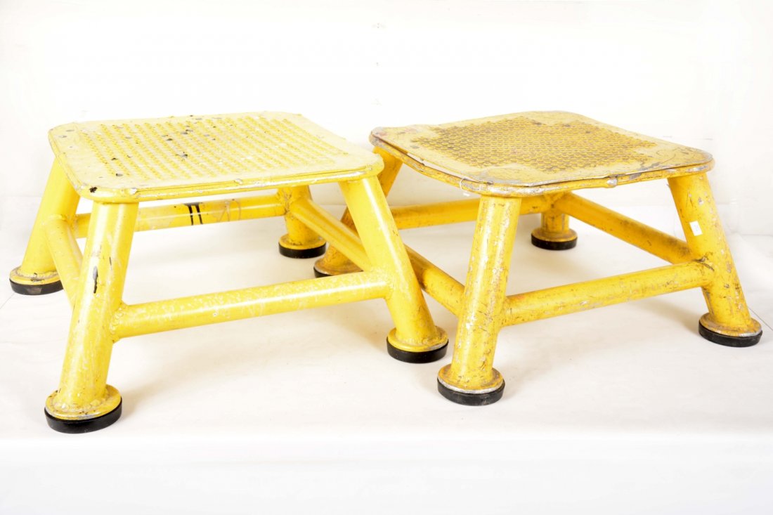 2 Vintage Railroad Porter Stools: Reputed to be early Amtrak. Nicer version has Amtrak inventory sticker attached. Both show use and age, unmarked, C4+-6