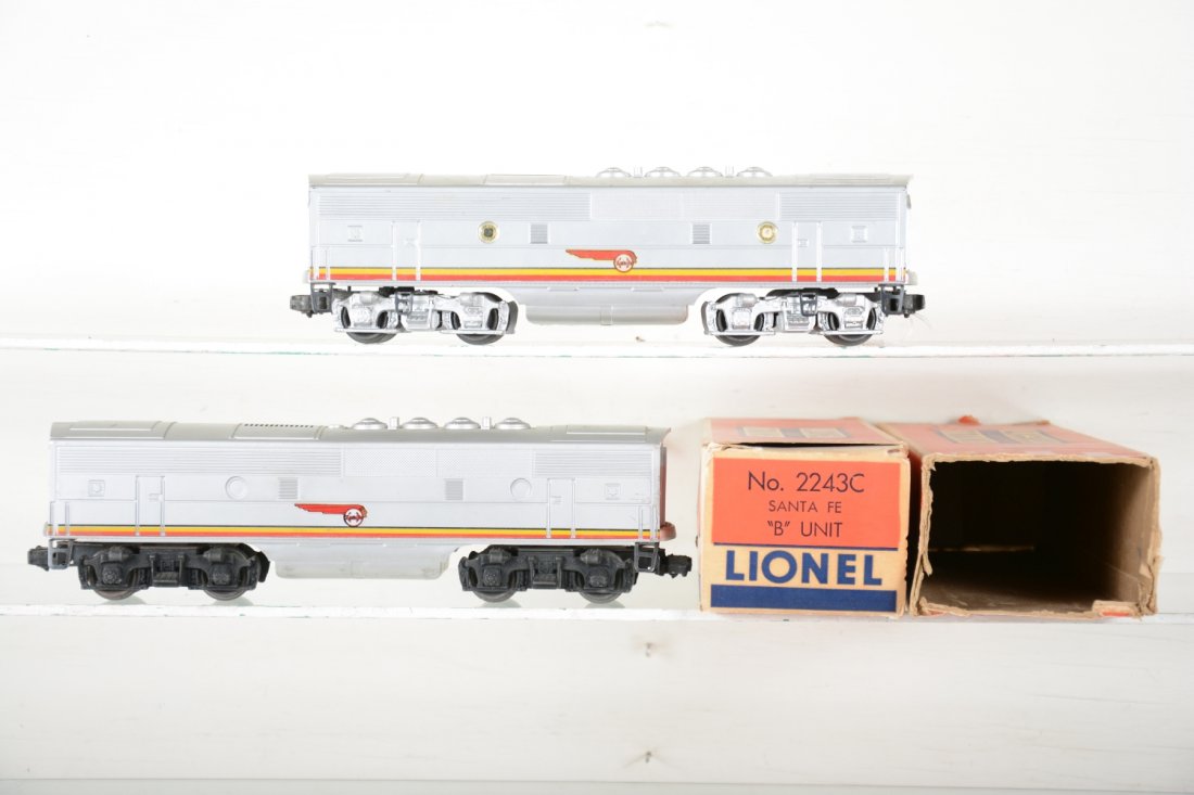 Boxed Lionel 2243C & 2343C SF B-Units: Both have fairly bright silver, 1005 decals and 2343 has its lenses. All would benefit from a cleaning with boxes, 2343 is incomplete, C7