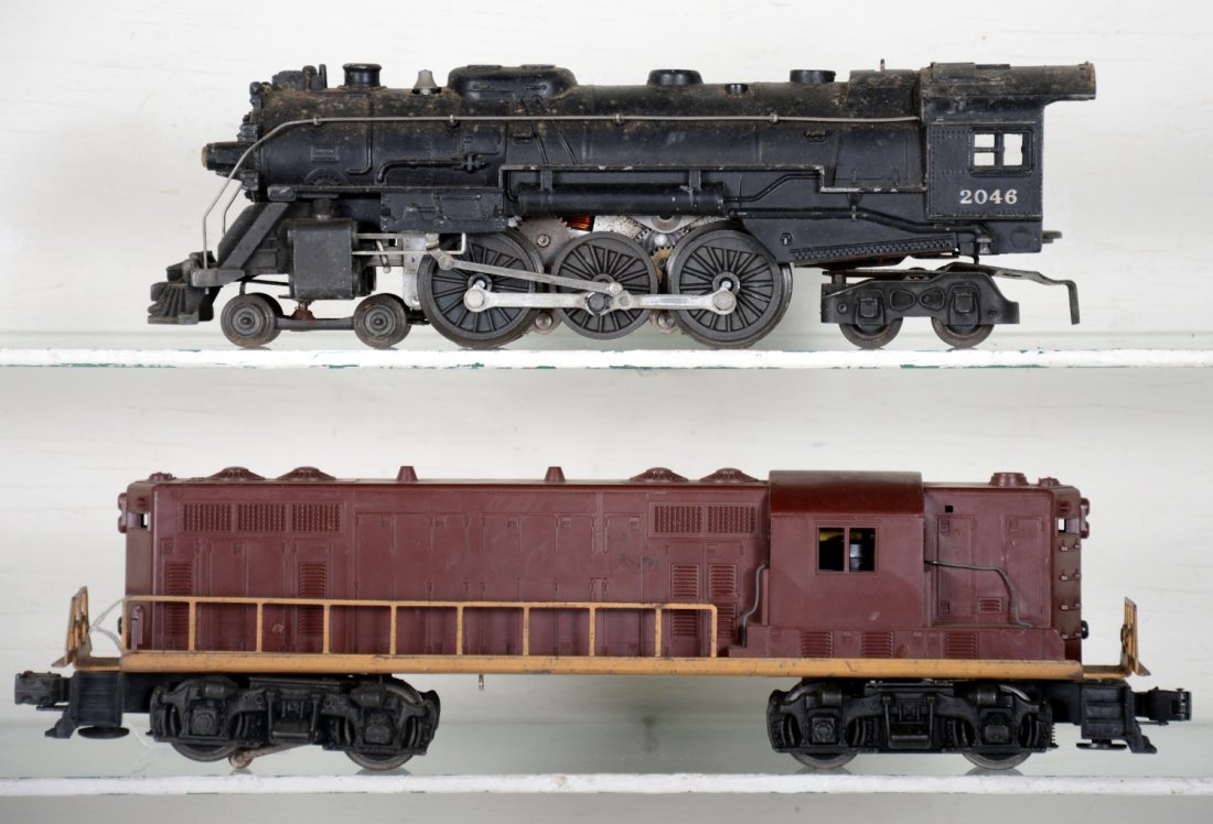 Lionel 2028 & 2046 Locomotives: Includes a clean 2046 steam loco, just missing slider rod each side; 2028 PRR GP7 diesel, lettering 10%, shows moderate playwear, finish is C6-