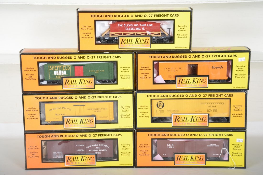 MTH RailKing 19th Century Freight Cars: Includes 30-74287 DRGW boxcar; 30-78005 LI reefer; 30-73229 Cleveland tank; 30-78068 CP reefer; 7809L PRR reefer; 30-74386 NY&HR boxcar; 30-74244 PRR boxcar. All appear like new with boxes, C9