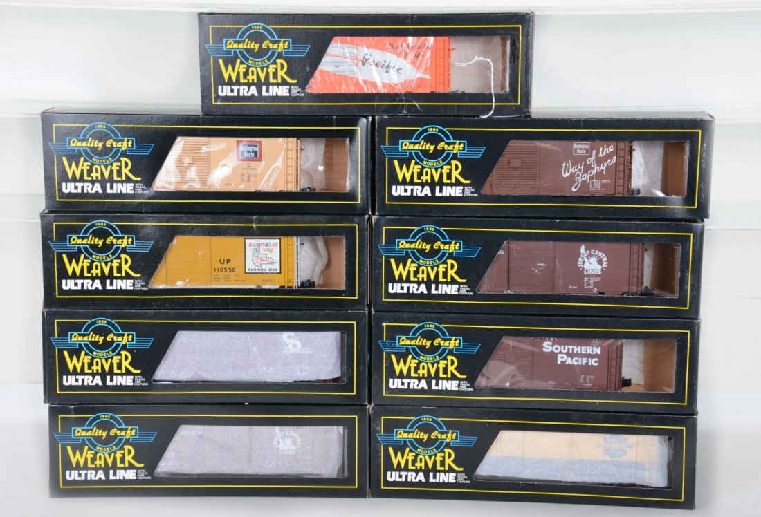 9 Weaver Freight Cars: Includes WP boxcar; Rutland boxcar; SP Hydra boxcar; CNJ boxcar; 2 different CB&Q boxcars; UP boxcar; C&O boxcar; CNJ NY&LB boxcar. All appear like new with boxes, C9