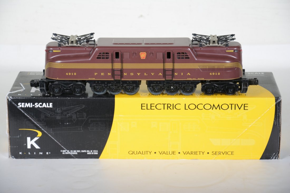 Boxed K-Line 2780-4912IC PRR GG1: Nice dual motor flywheel drive eclectic, showing very light runtime with C9 body with box.