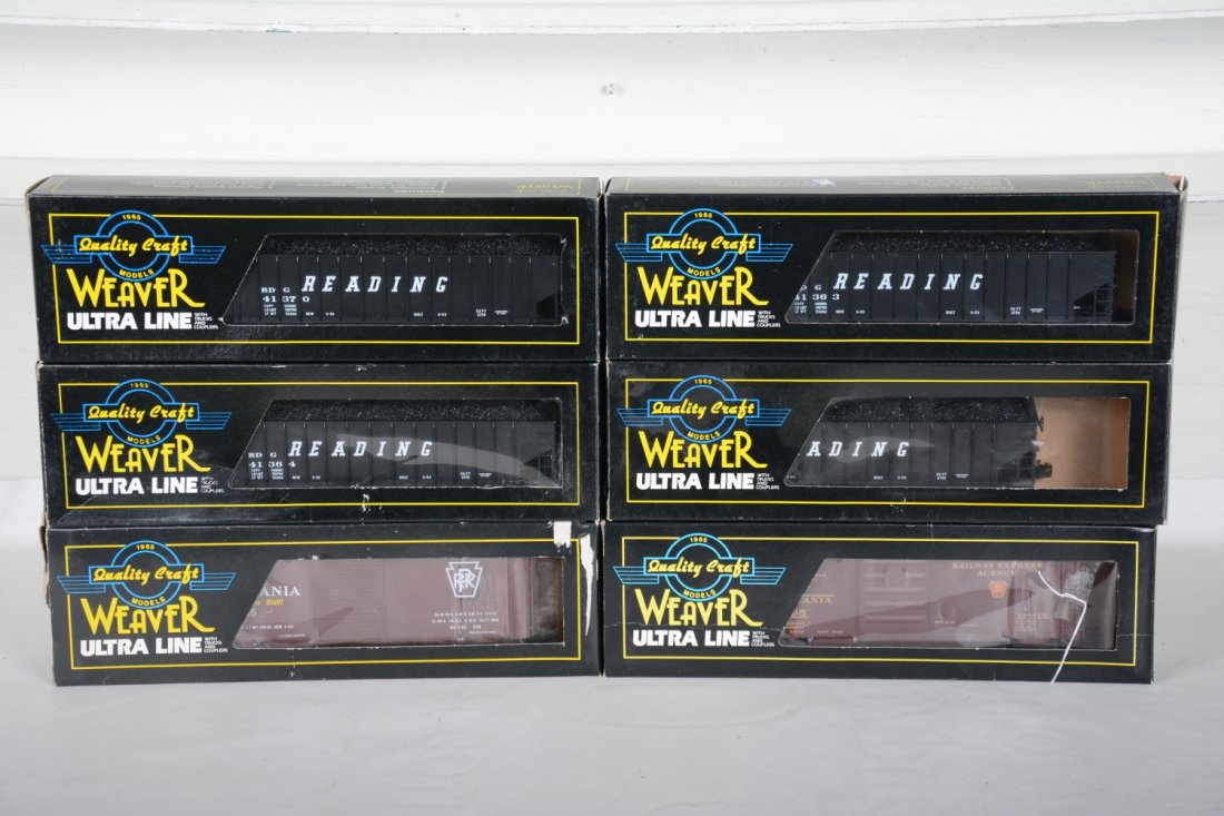 6 Weaver Freight Cars: Includes 4 Reading hoppers, 1 is duplicate; 2 different PRR boxcars. All appear like new with boxes, C9