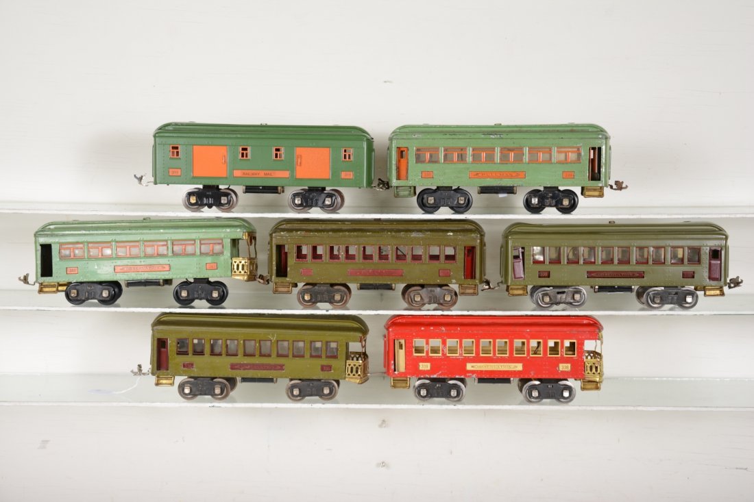 Assorted Lionel Passenger Cars: Standard gauge. Includes 337 Pullman, red trim, missing 1 door; 338 observation, maroon trim; 337 Pullman, restored, but dent in roof & numbered 338; 338 red observation, red repainted; 332 baggage re