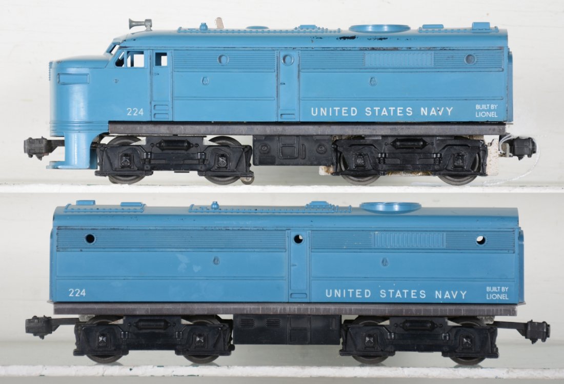 Clean 224 Navy Alco AB Diesels: Satin patina with intact cowl; 224C B-unit matches nicely. They show moderate playwear, C6+