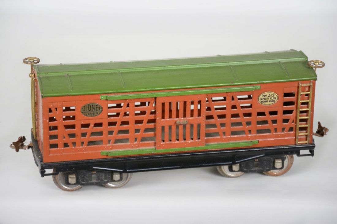 Clean Lionel 213 Stock Car: Standard gauge. Clean early 1930s variation, showing light to moderate playwear with small rust spot on 1 wheel, C7