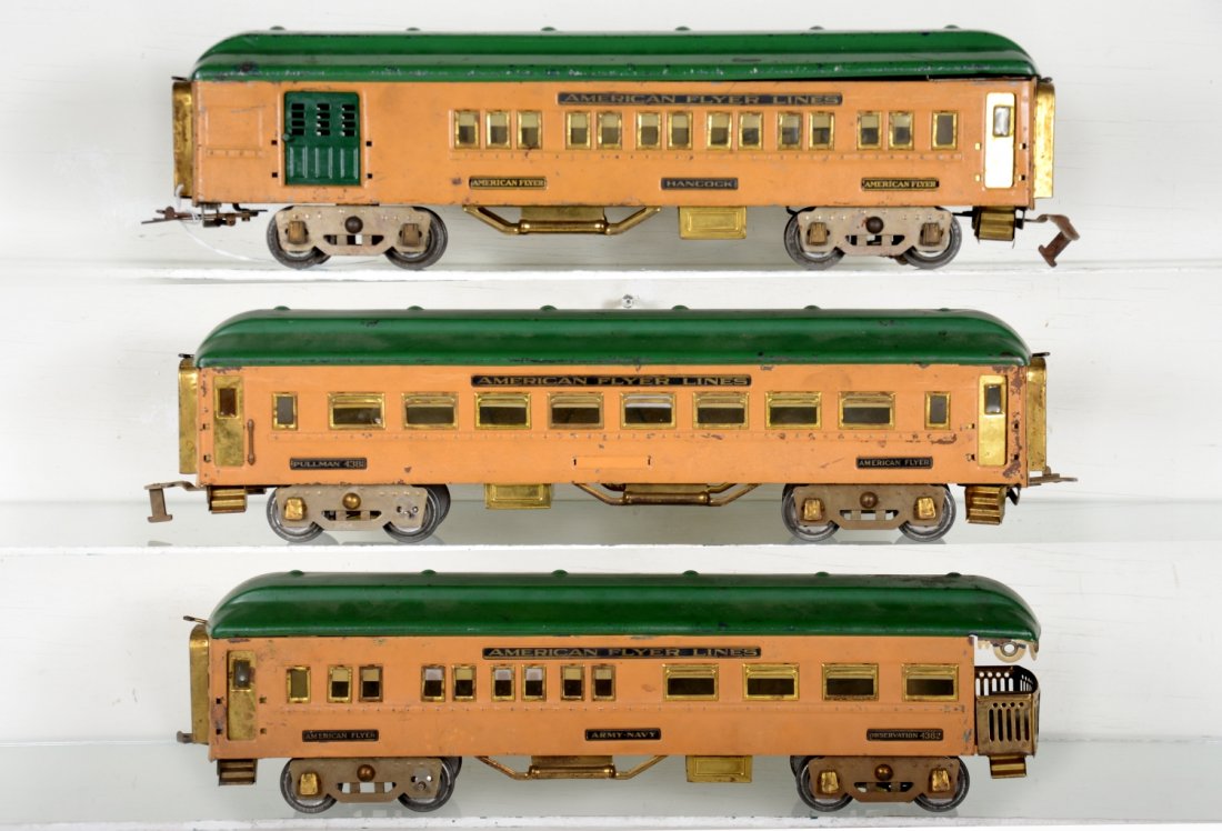 Scarce American Flyer Legionnaire Cars: Standard gauge. Includes 4380 Hancock combine; 4381 Adams Pullman, though missing both name plates; 4382 Army-Navy observation. Cars color match, but are missing their handrails. They would benefit gr