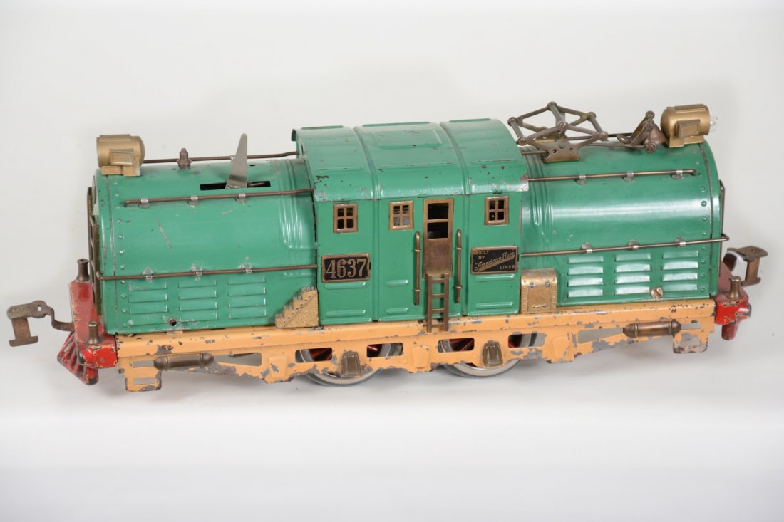 American Flyer Freight 4637 Shasta Electric: Standard gauge. Clean & shiny, equipped with operating bell mechanism. It has been rewheeled and motor turns freely. It is missing a pantograph and shows light to moderate playwear, C6-6+