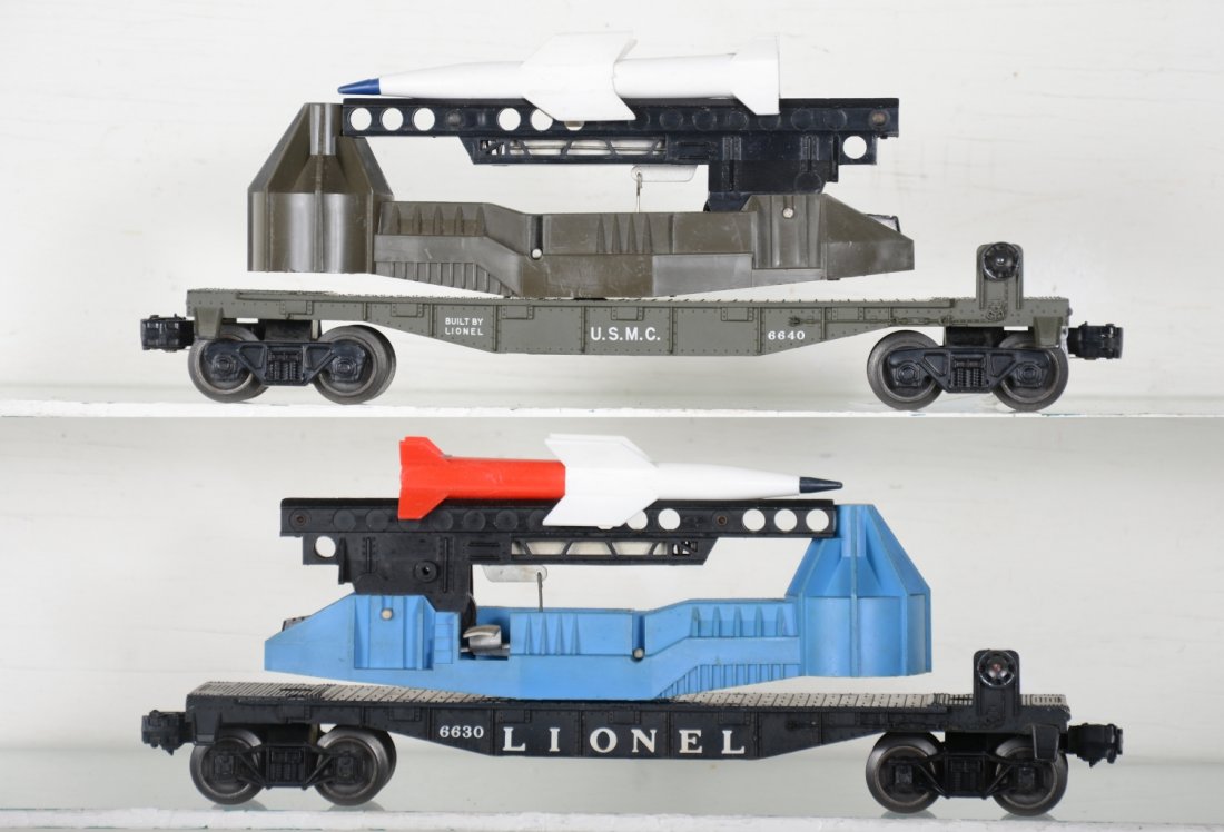 Tough Lionel 6630 & 6640 Missile Launchers: Includes a 6640 USMC & 6630 Sears/JC Penney missile launchers. They are clean and show light playwear, C7+