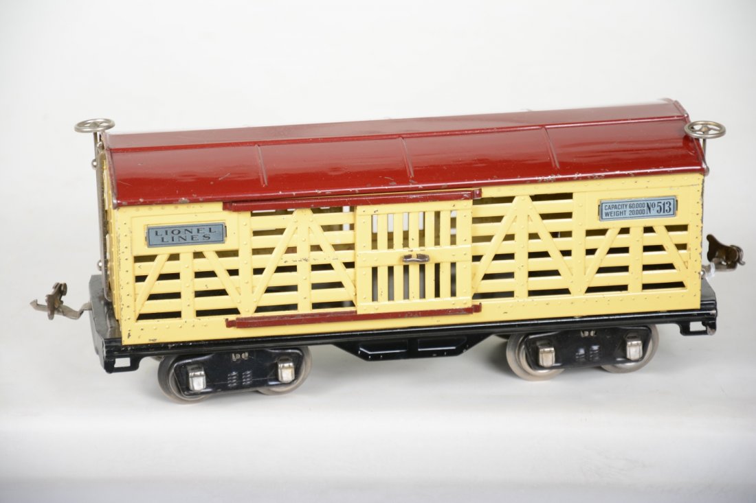 Scarce Clean Late Lionel 513 Stock Car: Standard Gauge. Clean & shiny example, showing light to moderate playwear with nickel trim, C6+-7