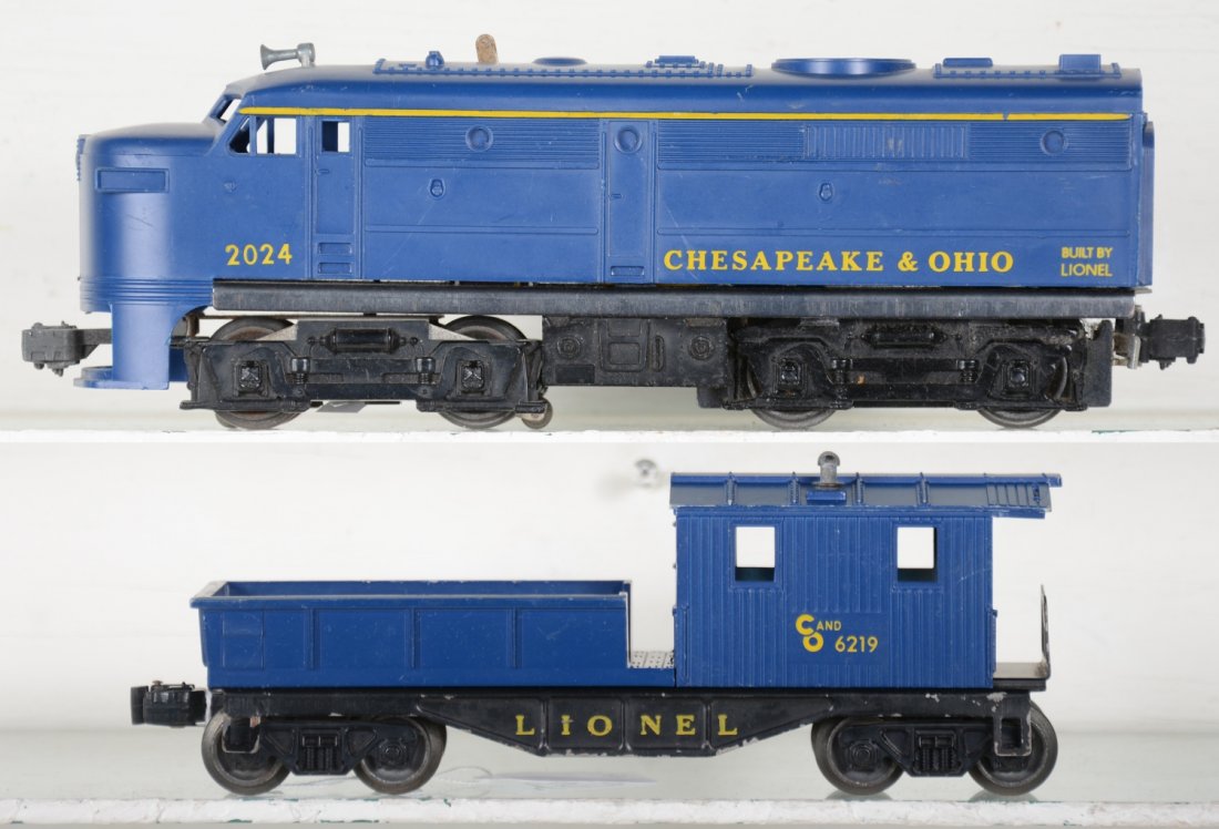 Lionel 2024 & 6219 C&O Diesel & Caboose: Includes a 2024 C&O Alco diesel, cowl intact, C7; 6219 C&O work caboose, showing moderate playwear, C6