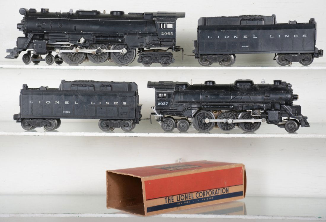 Lionel 2037 & 2065 Steam Locomotives: Includes a 2037 Prairie loco with late 6026W tender; 2065 steam loco with boxed 6026W tender. They show light to moderate playwear, C6-7