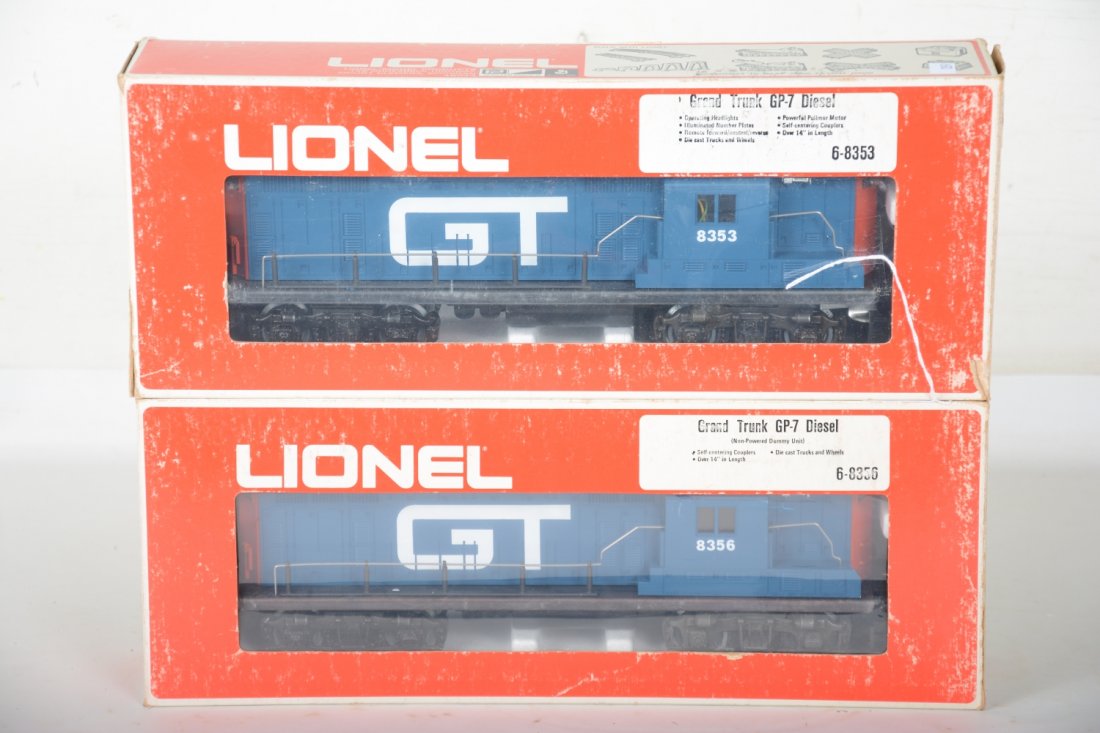Lionel MPC 8353 & 8355 Grand Trunk GP7 AA Diesels: Clean lightly run pair with C9 bodies and lightly worn boxes.