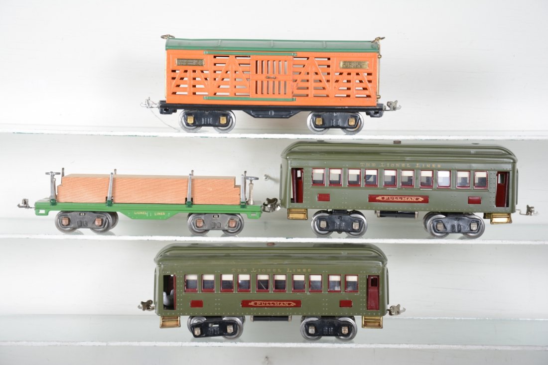 Restored Lionel Standard Gauge Freight Cars: Includes a 513 stock car; 511 lumber car; 2 #337 Pullmans, all restored to appear C8