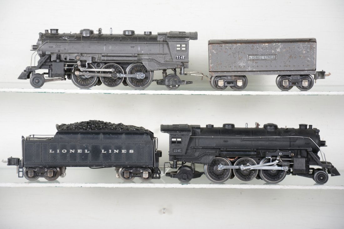 2 Lionel 224E Steam Locomotives: Includes a black 224E with 2224W cast whistling tender, C7; 224E gunmetal with 1689T tender, C5-6