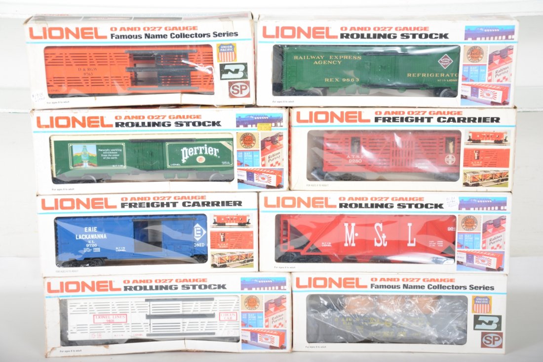 Lionel MPC Freight Cars: Includes 9213 M&StL hopper; 9863 REA reefer; 9814 Perrier reefer; 9408 Circus stock car; 9144 RG gondola; 9726 Erie boxcar; 9280 SF horse car; 9763 RG stock car. All show light runtime with C9 bodies 