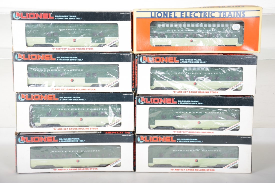 8 Lionel Northern Pacific Passenger Cars: Includes 16034 baggage; 16035 combine; 16036 coach; 16037 vista-dome; 16024 diner; 16038 coach; 15108 vista-dome; 16039 observation. They show very light runtime with C9 bodies with boxes.