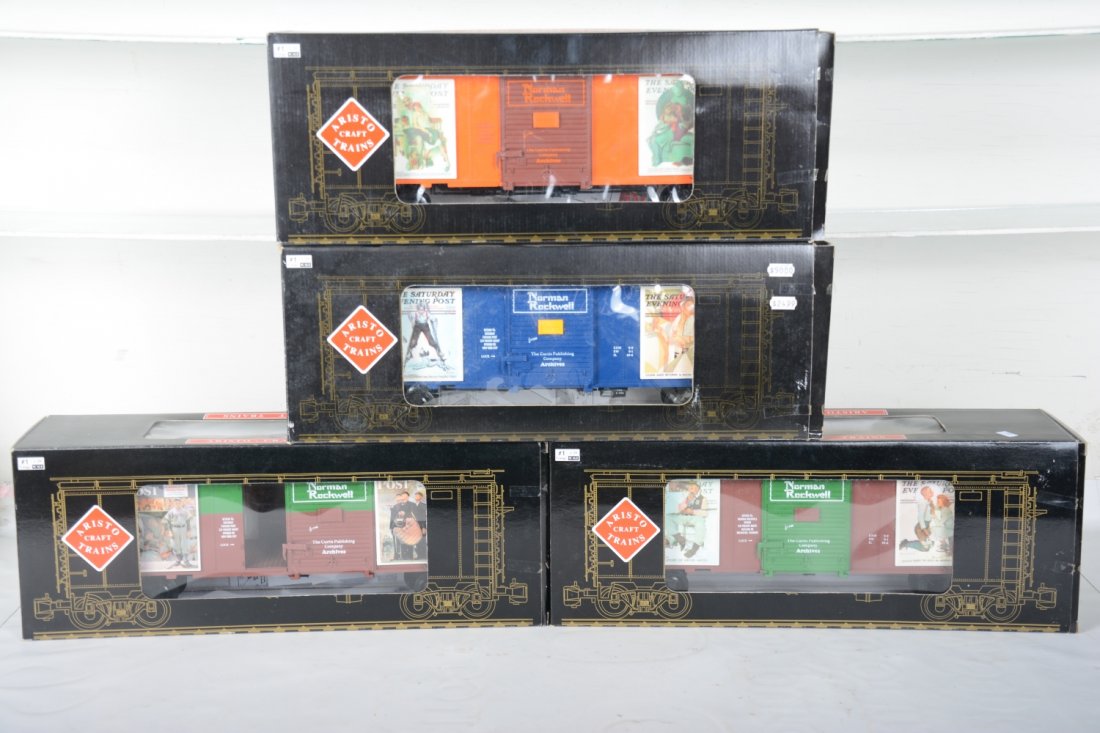 4 Aristo-Craft Norman Rockwell Boxcars: G Gauge. Includes 46042-4; 46039-3; 46041-2; 46040-1. All show light handling, but unrun with dusty boxes, C9