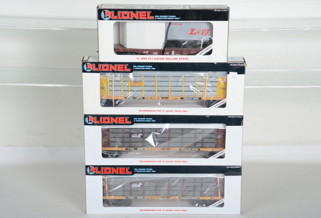 O Ga. Lionel Freight Cars: Includes 16357 LN flat with trailer; 2 #16215 Conrail flats with trailers; 16228 UP auto-carrier. Some show light runtime C9-10