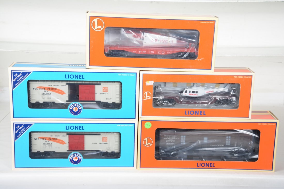 Lionel Freight Cars: Includes 19992 LLRC tool car; 2 #39257 WP boxcars; 36069 flat with Frisco airplane; 16968 flat with copter. All are new in boxes, C10